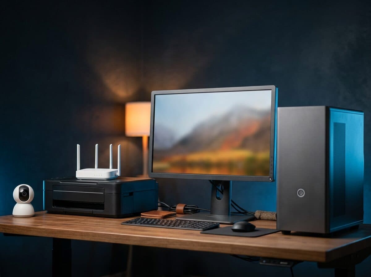 Computer, printer, router and camera on a desk